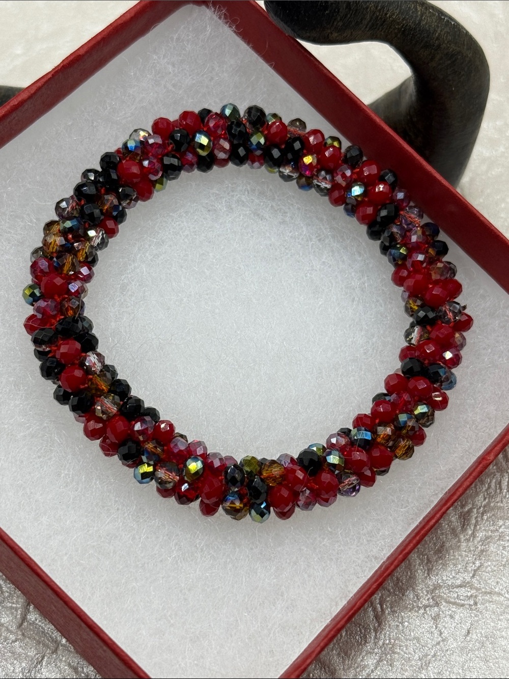 Desert Dancer Handcrafted Red & Black faceted mini Beaded Twist Stretch Bracelet
